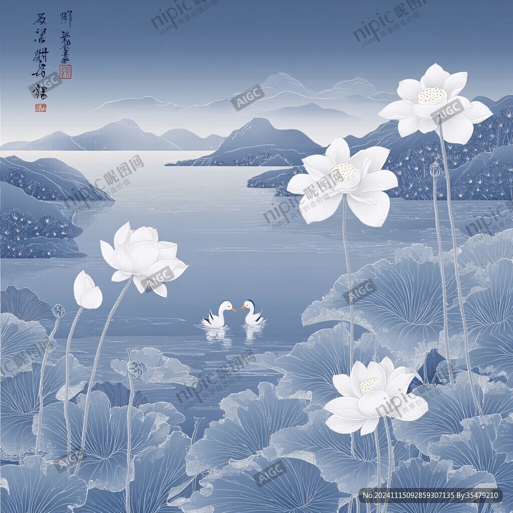 深蓝背景荷花图