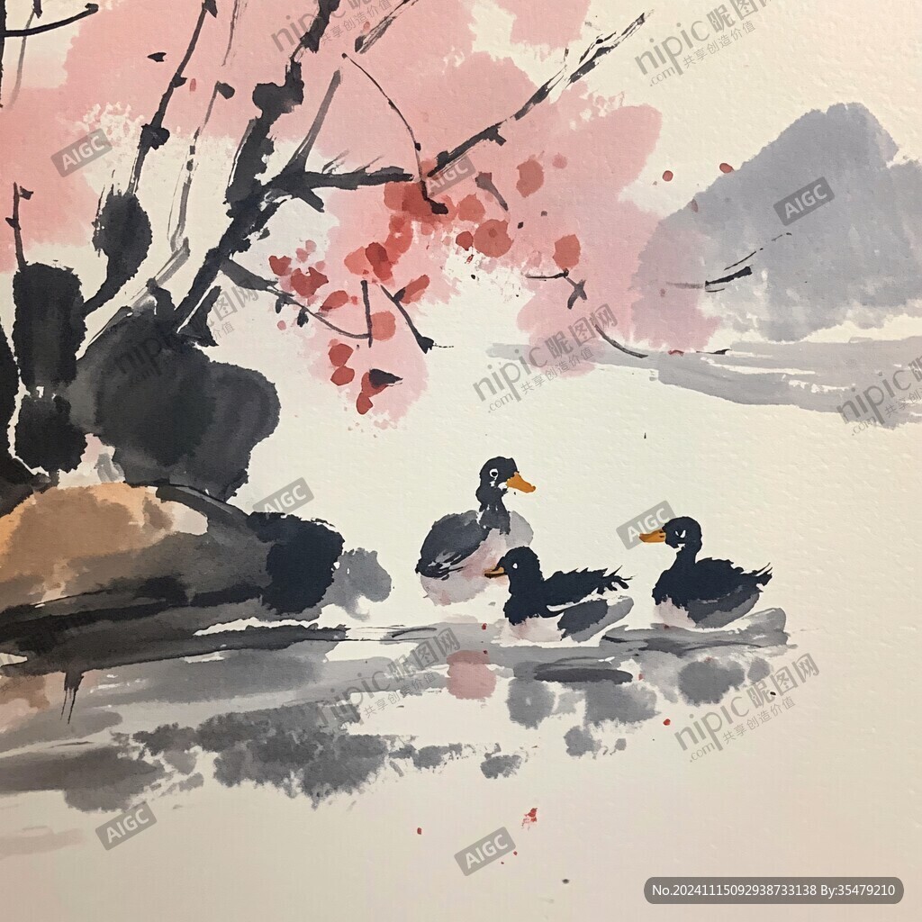 国画红叶小鸭子