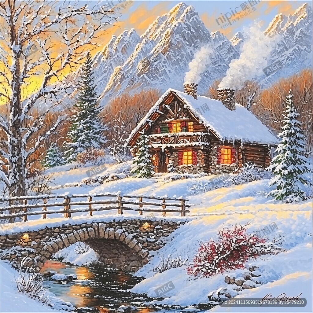 手绘雪夜风景无框画