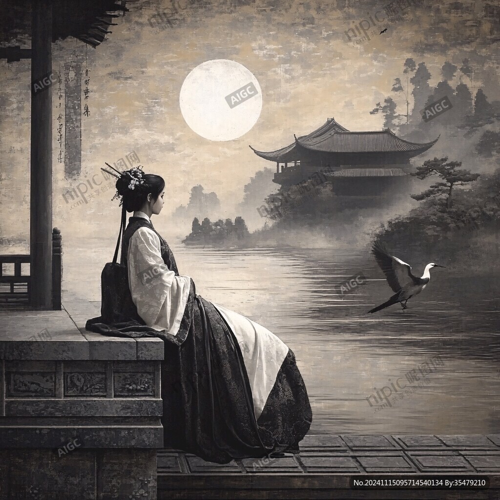 秋月吟诗图