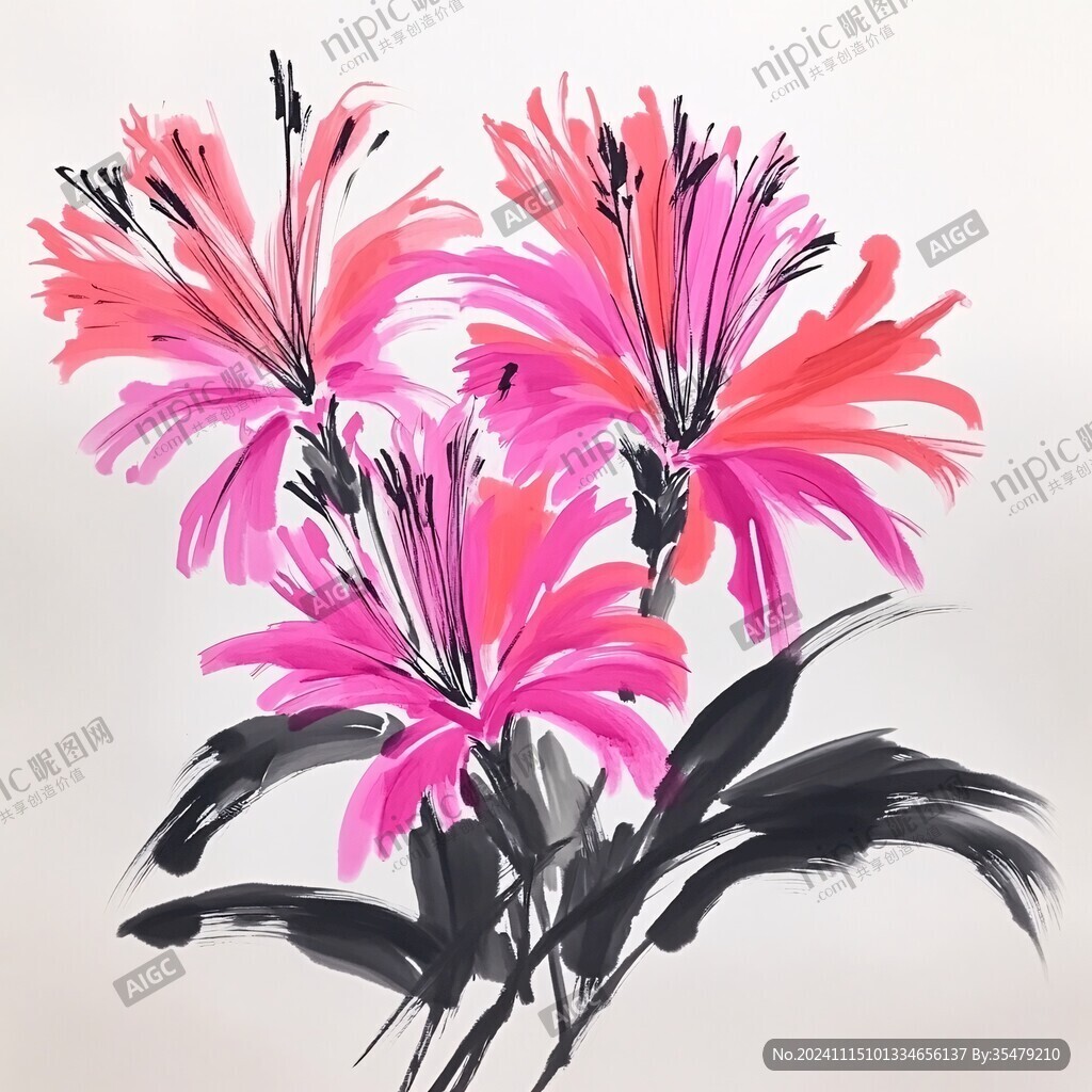 水墨画串红花