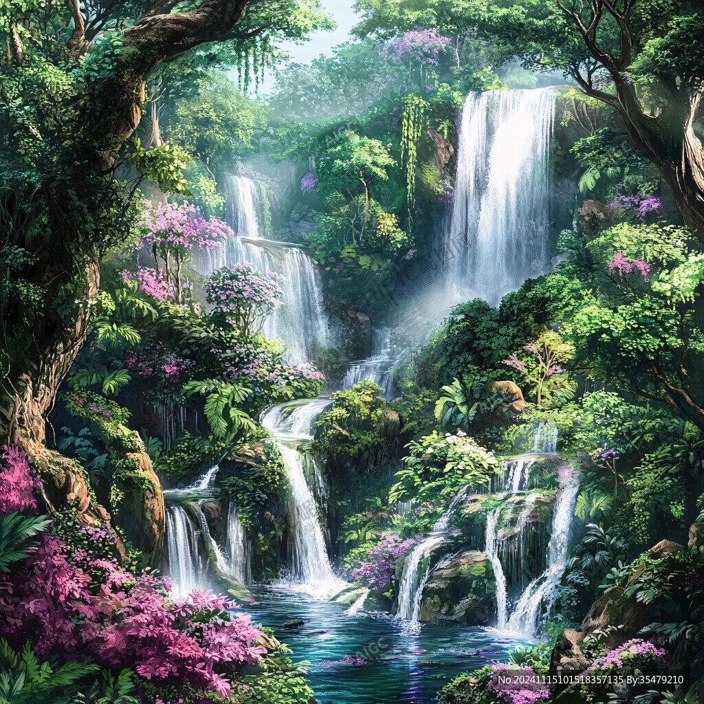 山水风景油画瀑布