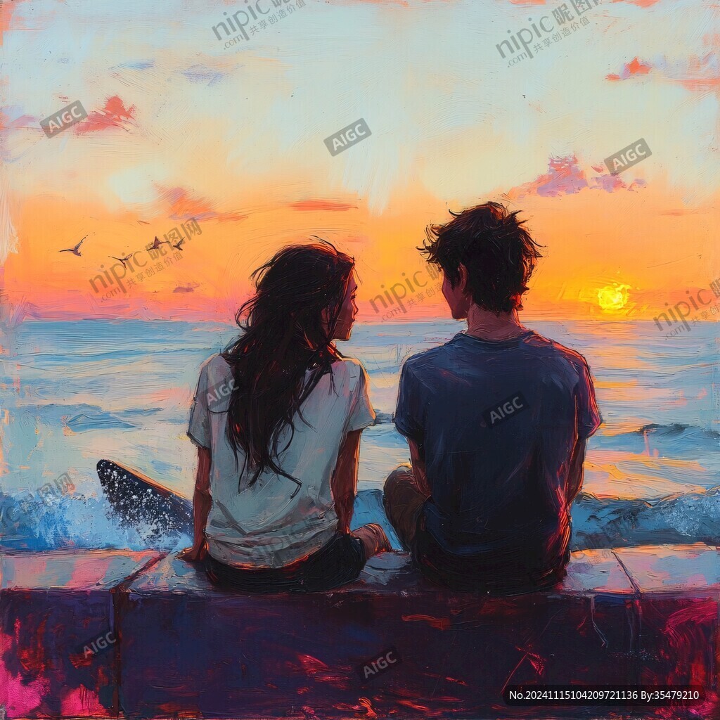 手绘看海的情侣插画