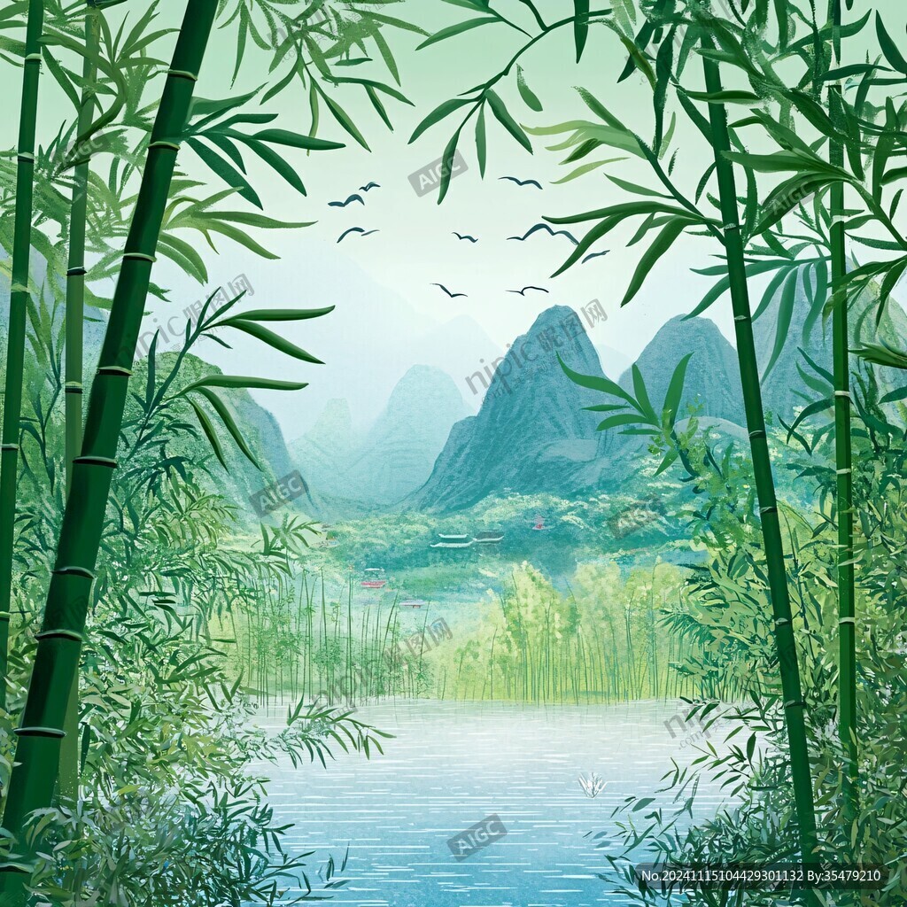 山水竹林插画