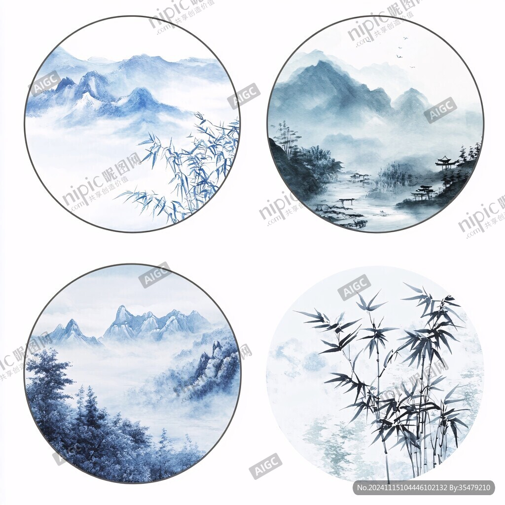 圆形水墨挂画手绘山水