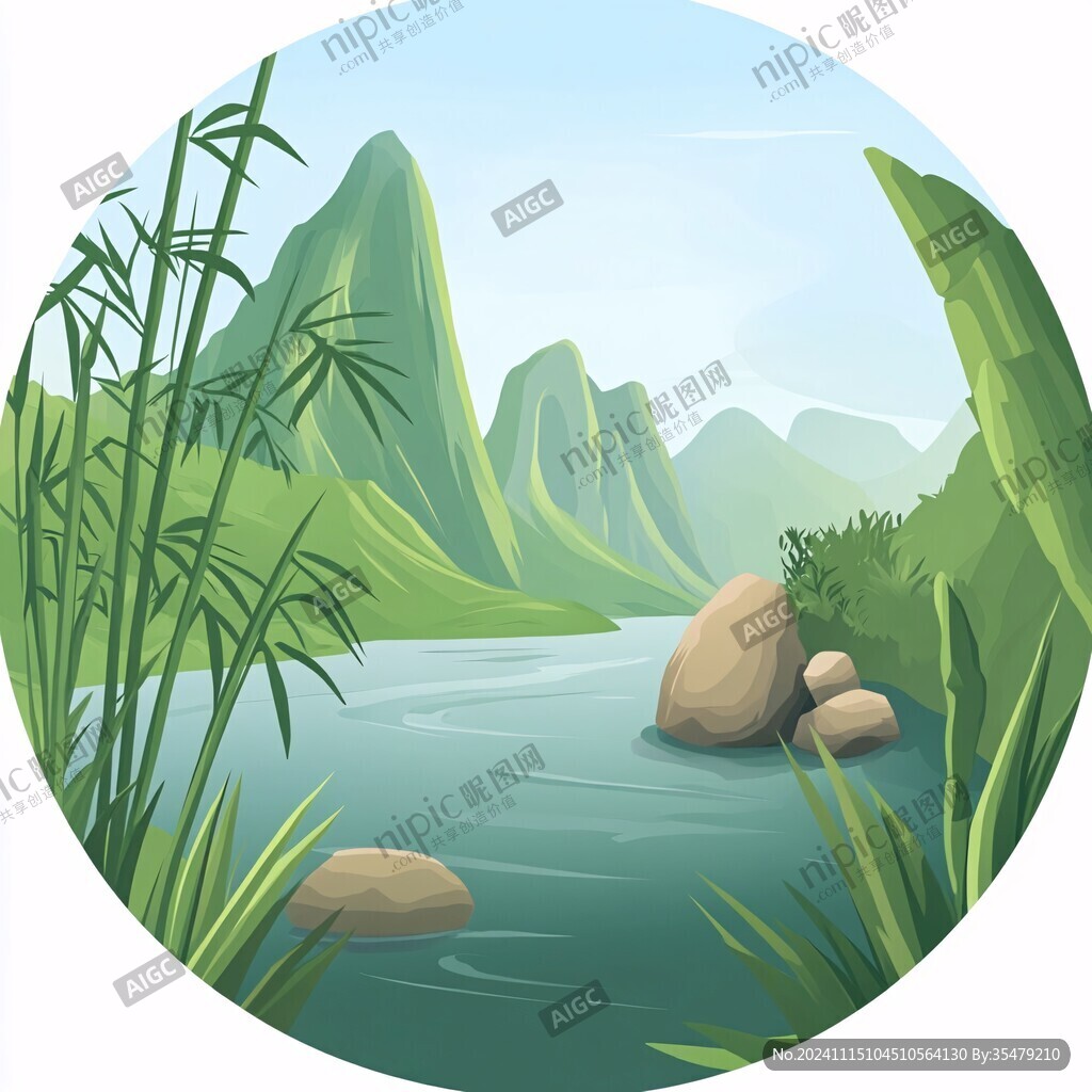 山水圆形插画
