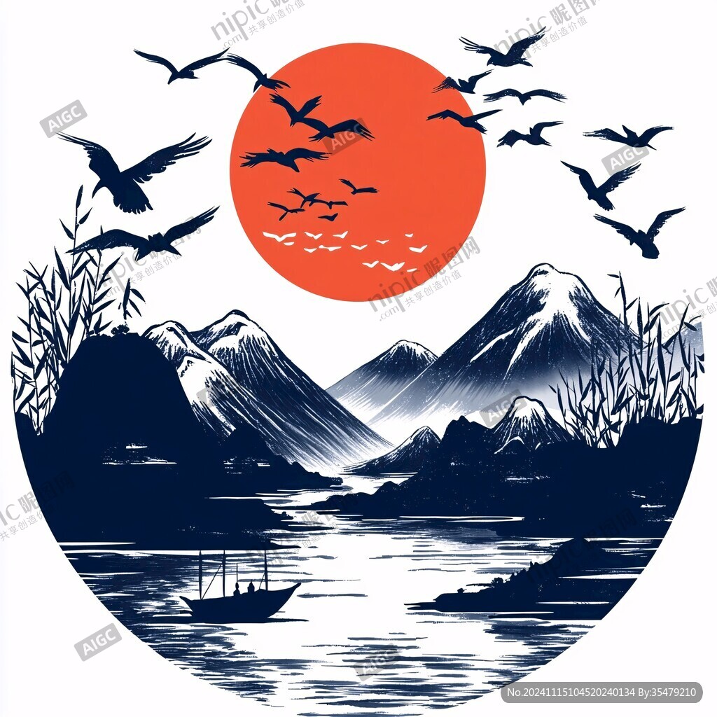 仙鹤海浪旭日东升