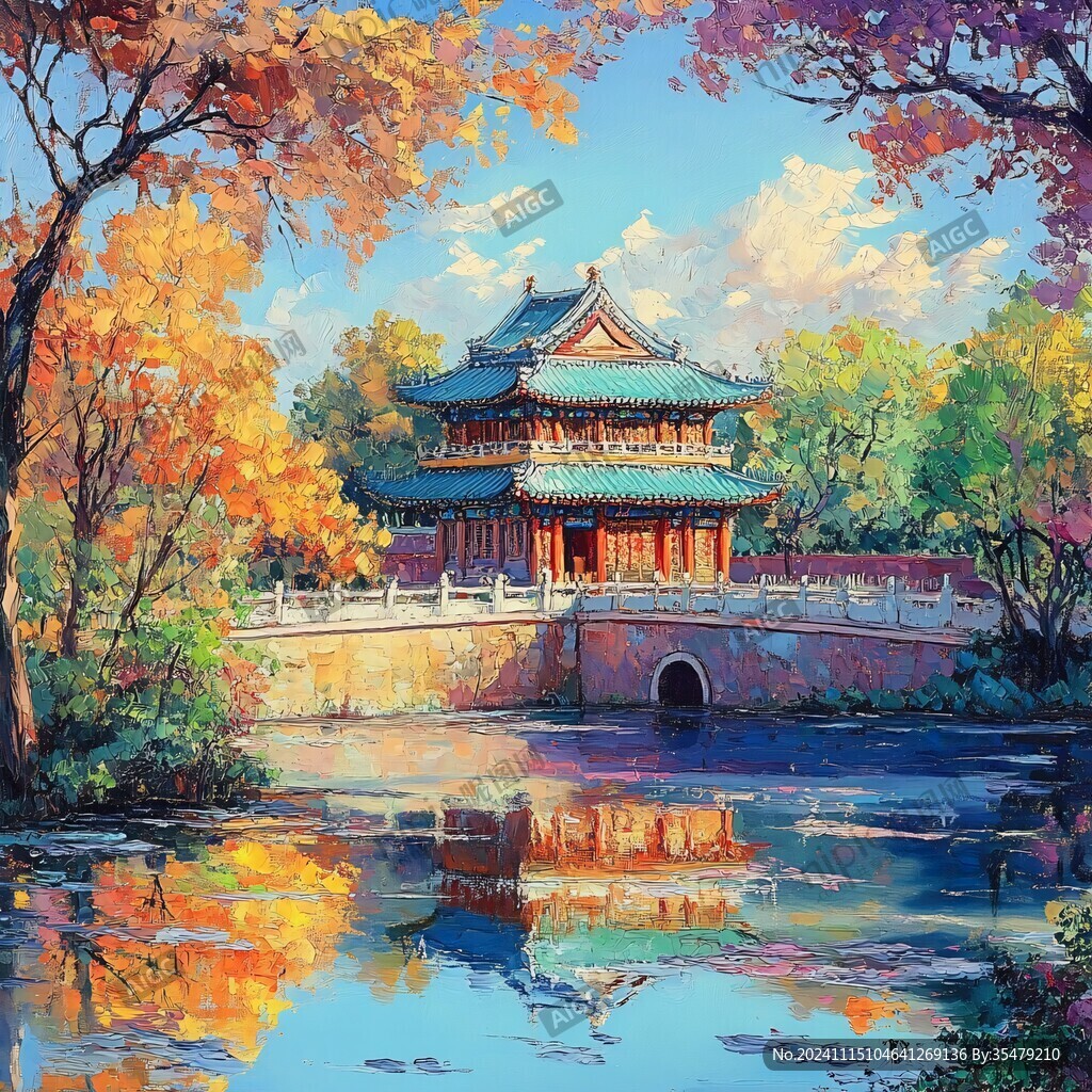 古风亭台楼阁油画