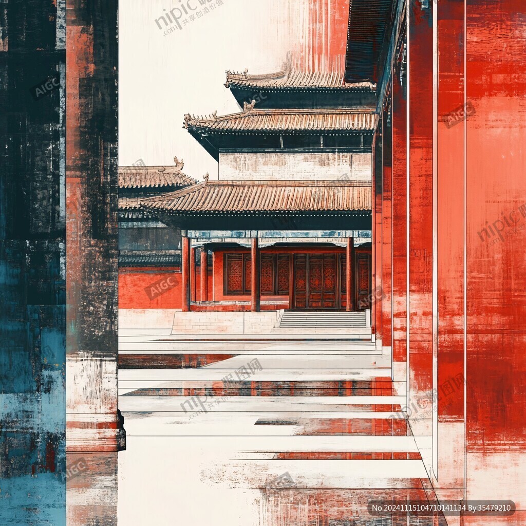 故宫阁楼栅格插画