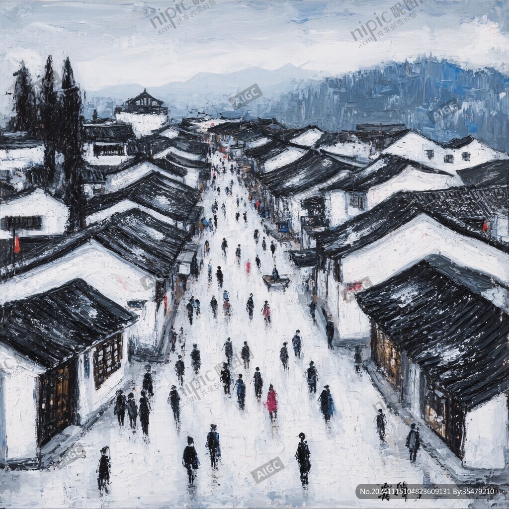 古镇冬季装饰画