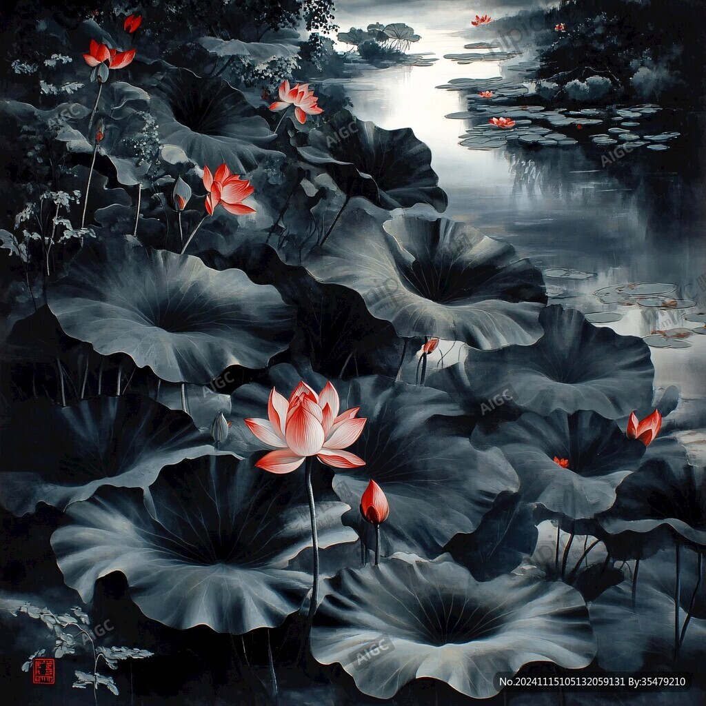 油画荷塘月色
