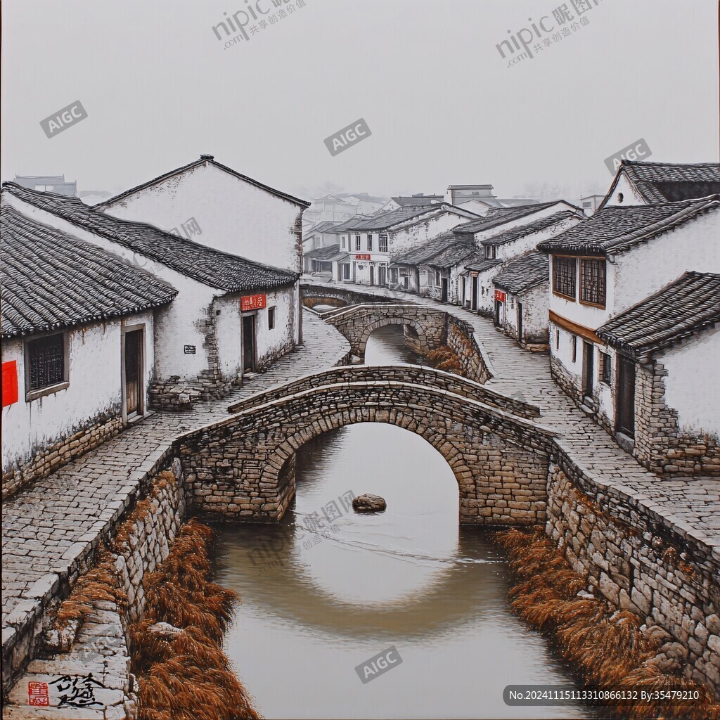 江南古镇油画效果