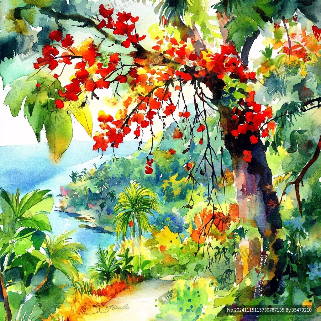 热带风景水彩画