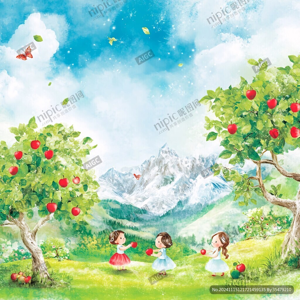 小女孩摘苹果插画