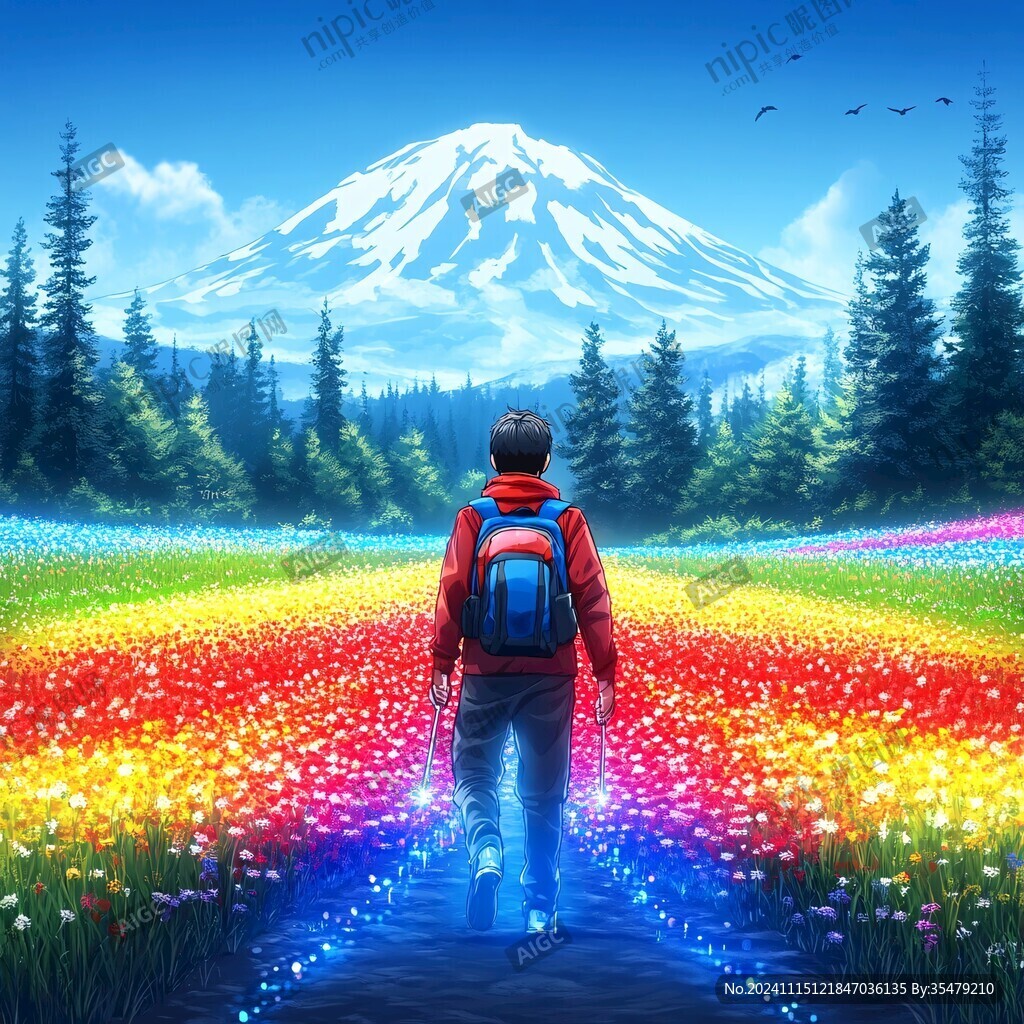 花丛中的男生背影