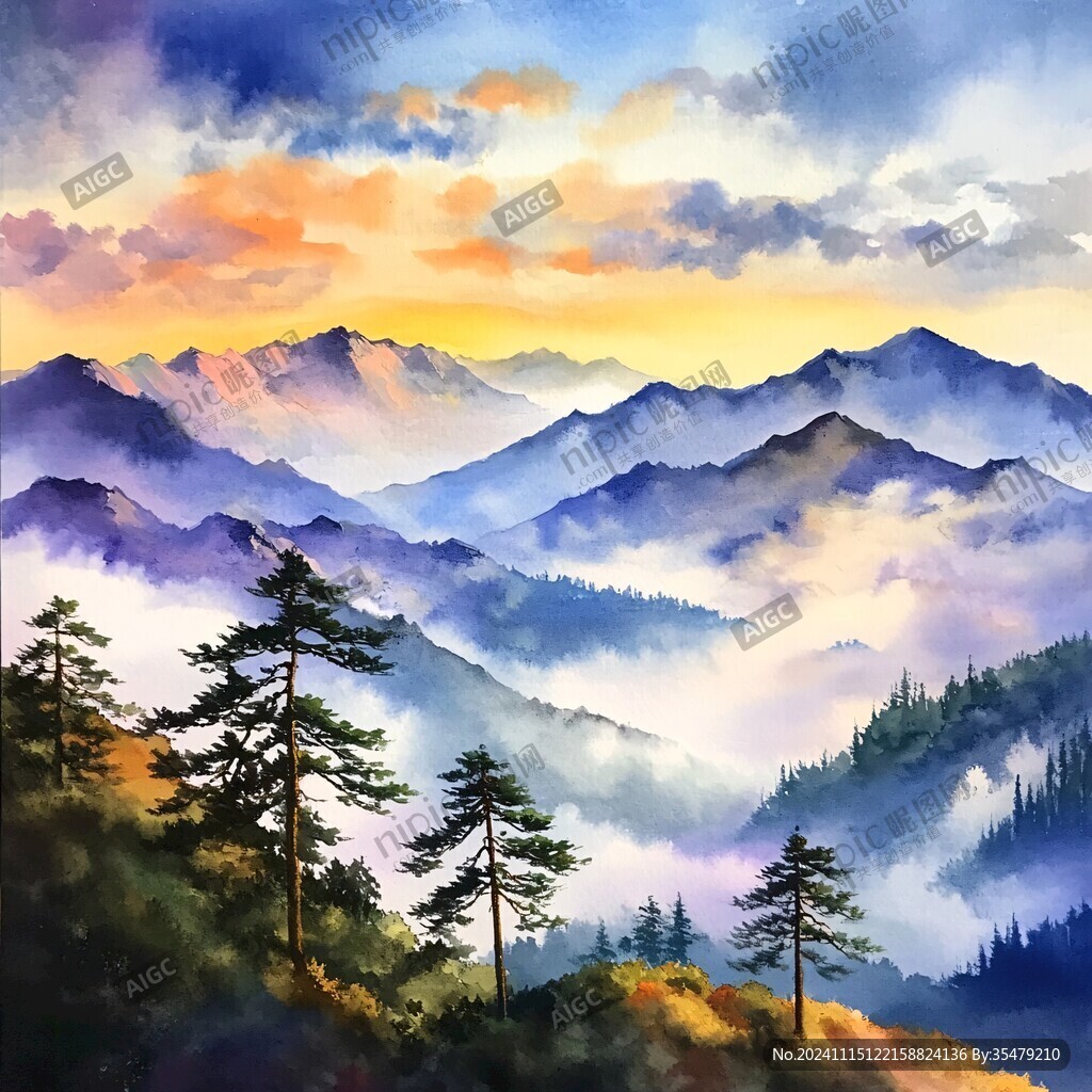 远山水彩画