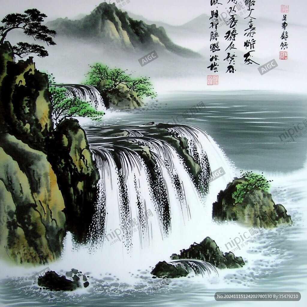流水生财山水画