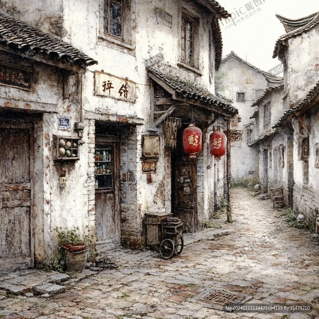 油画古街巷
