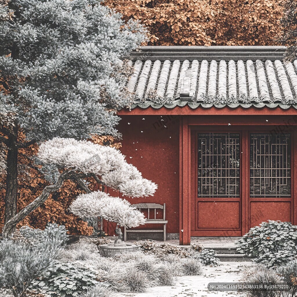 古典园林红枫季节