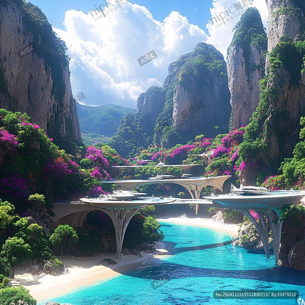 风景小桥瀑布绿树远山