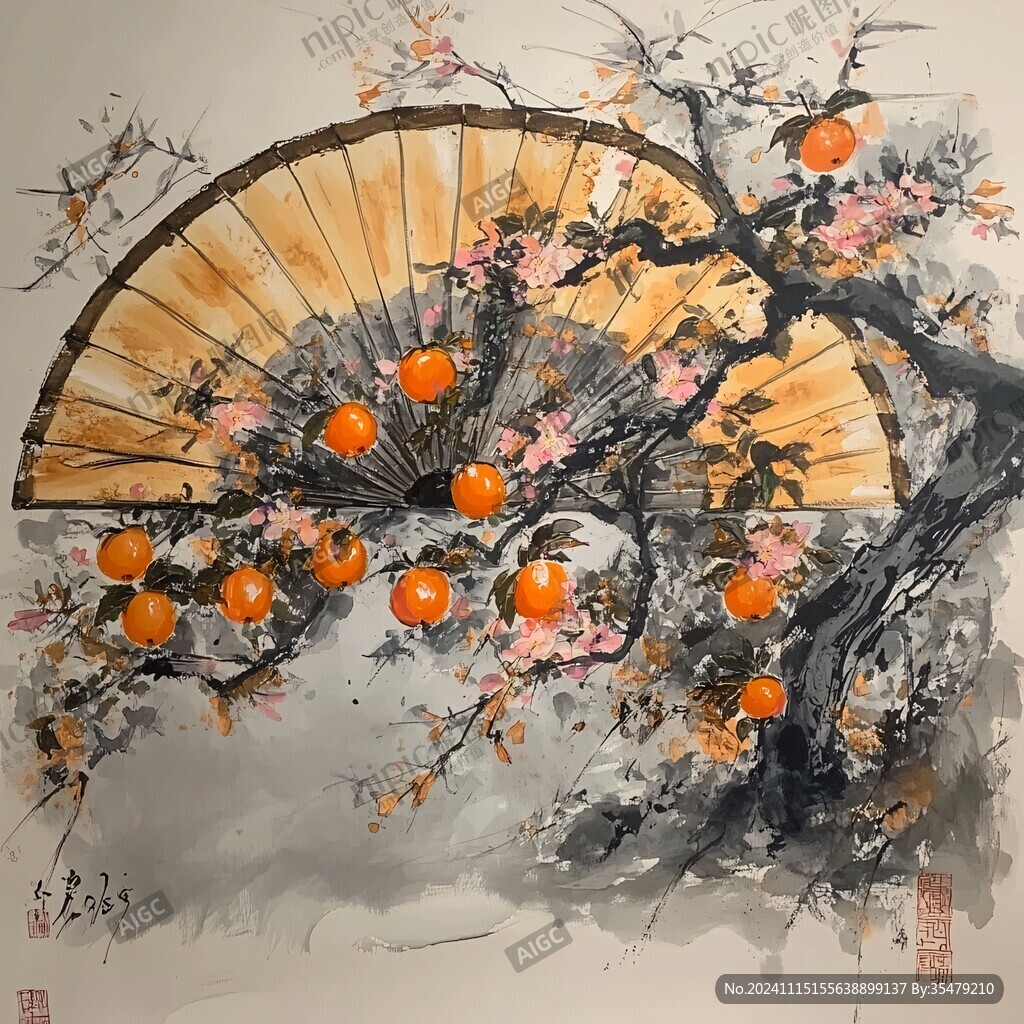 手绘柿果图