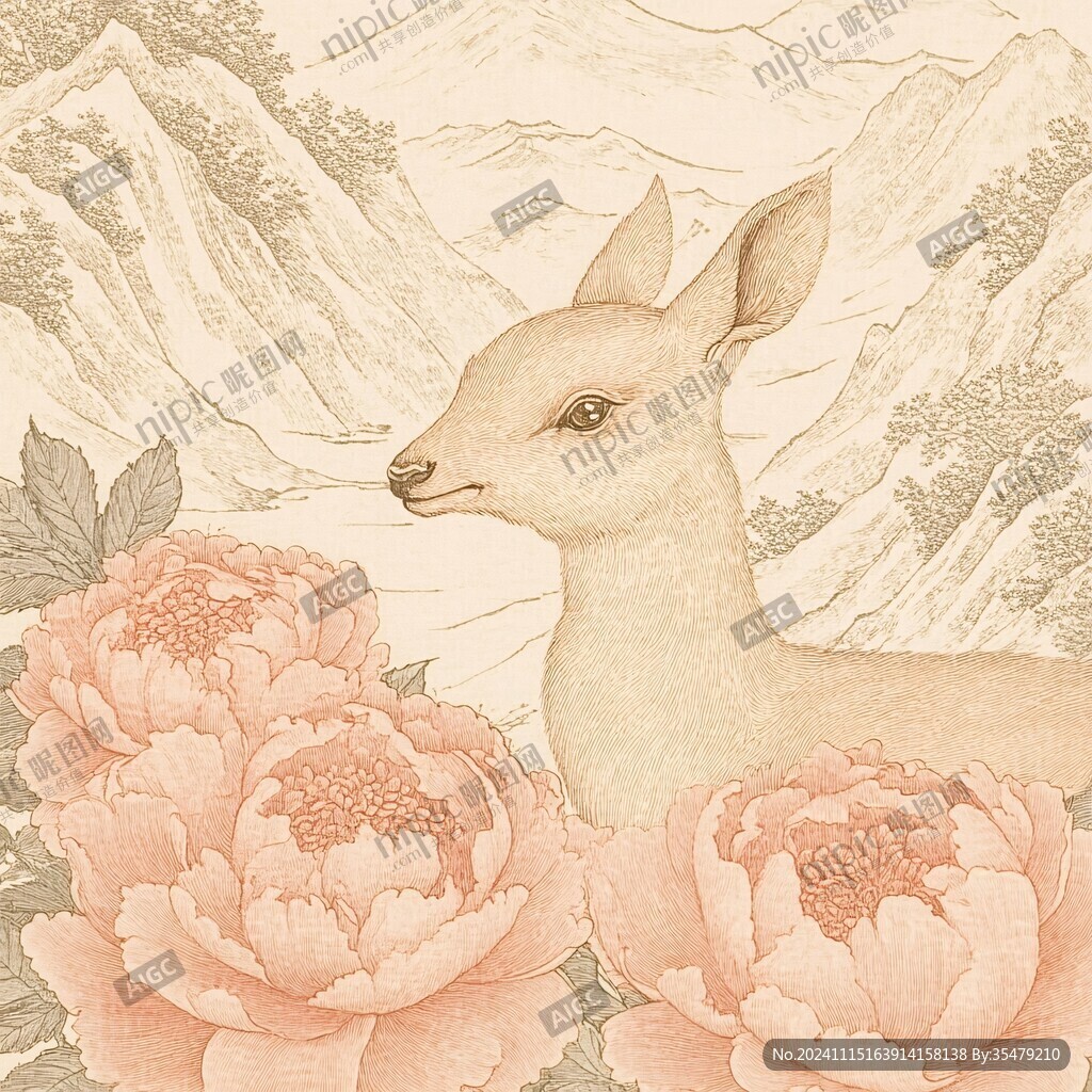 国潮插画牡丹兔子