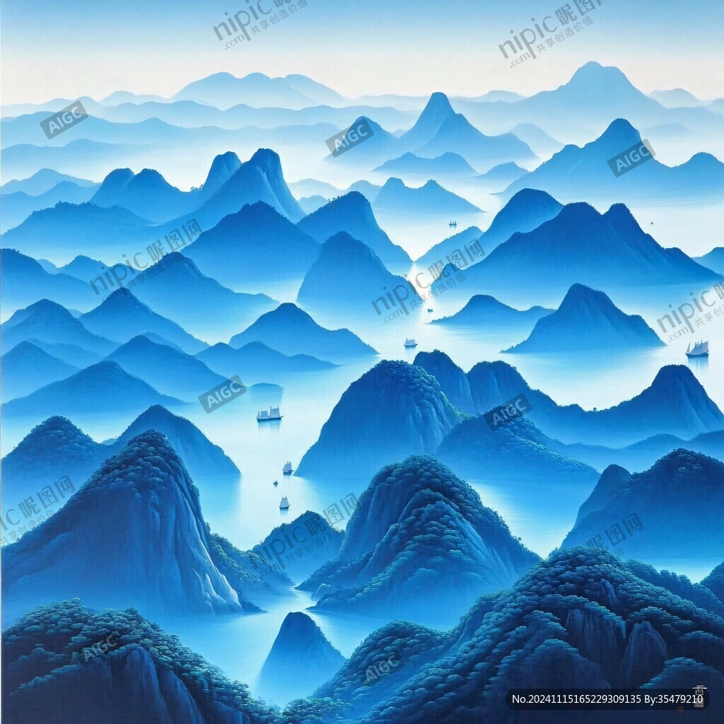 手绘蓝色山水画