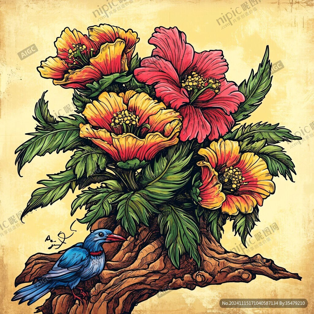 手绘花与鸟