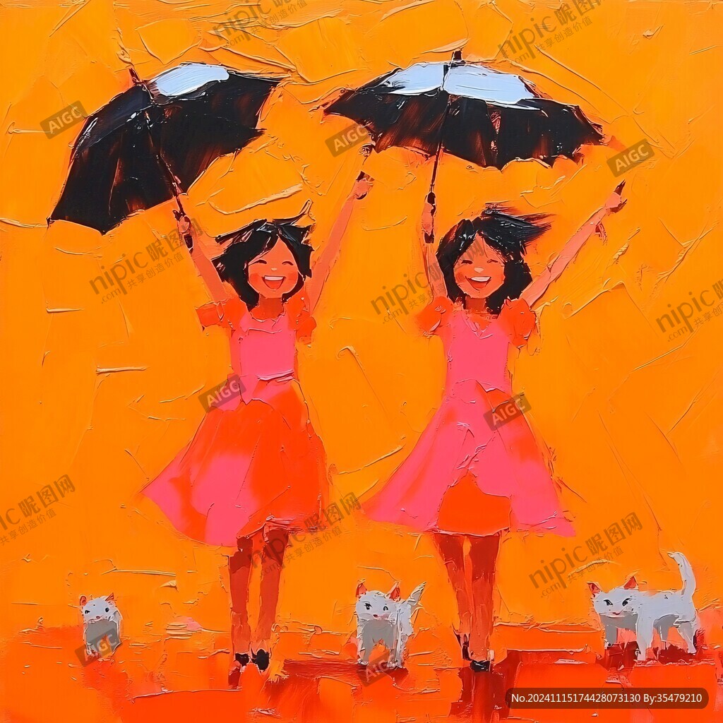 绘呆萌女孩躲雨无框画