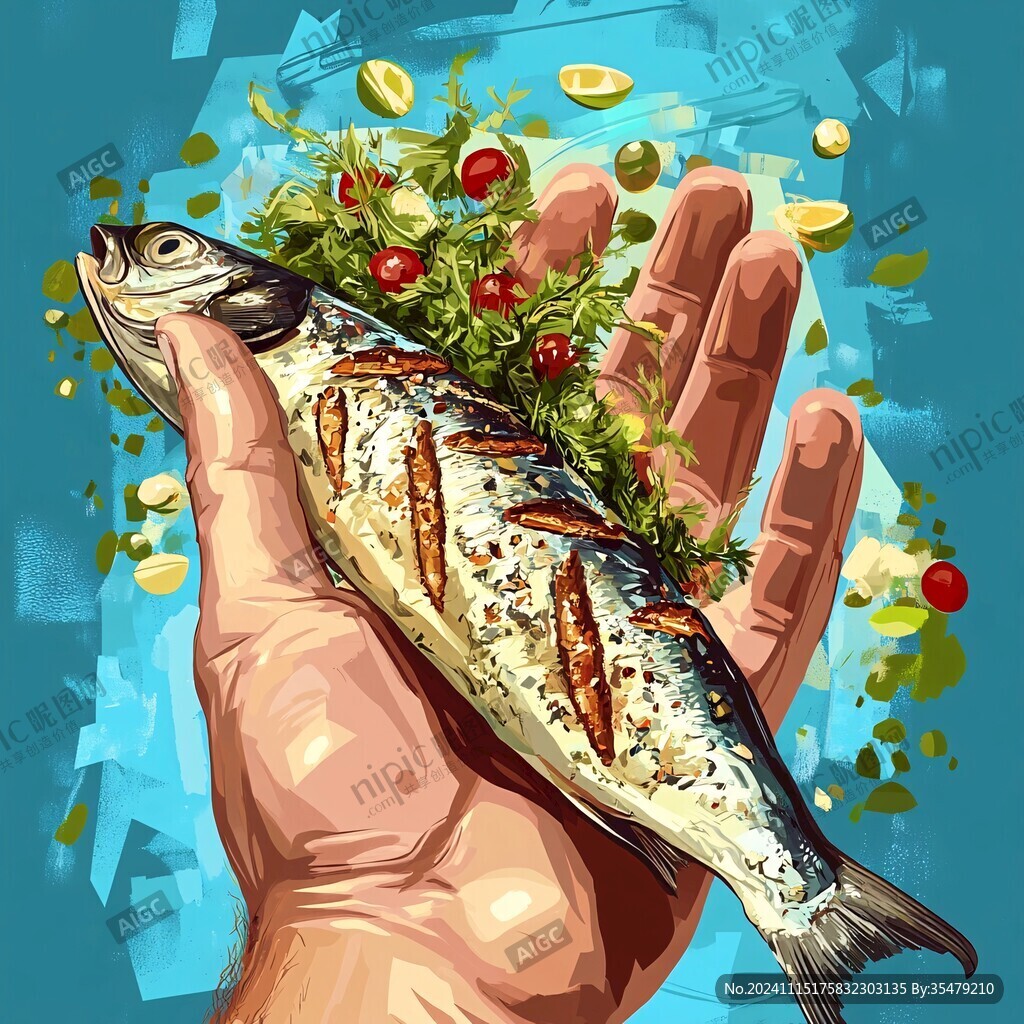 手绘糖醋鱼包装插画