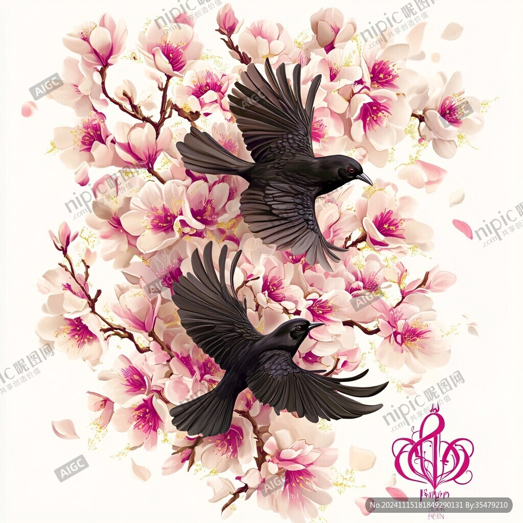 手绘粉色玉兰花鸟素材