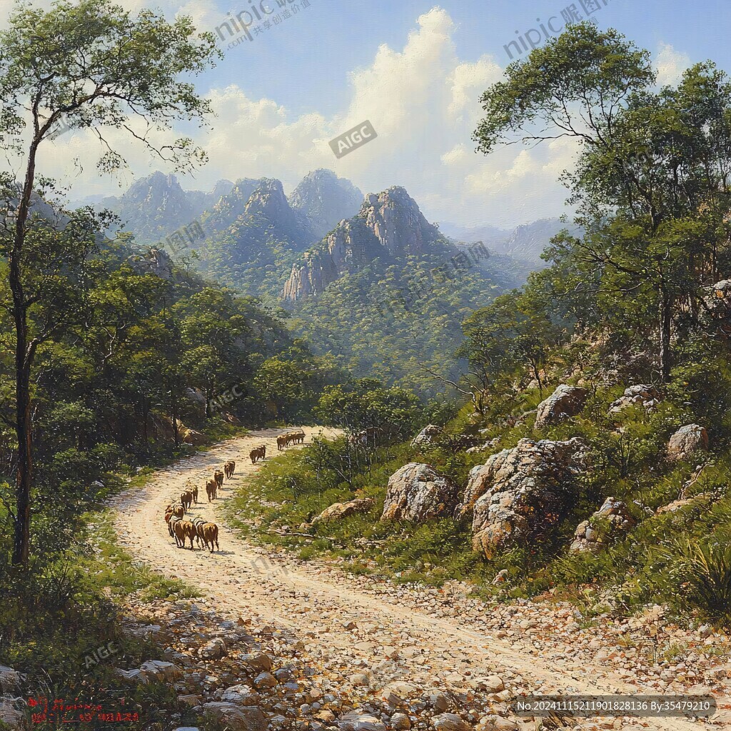 山峰山水画油画梅花鹿