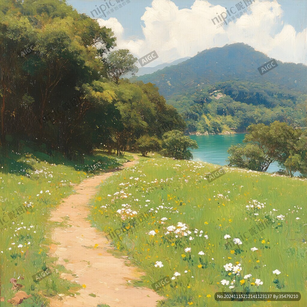 湖边小路油画
