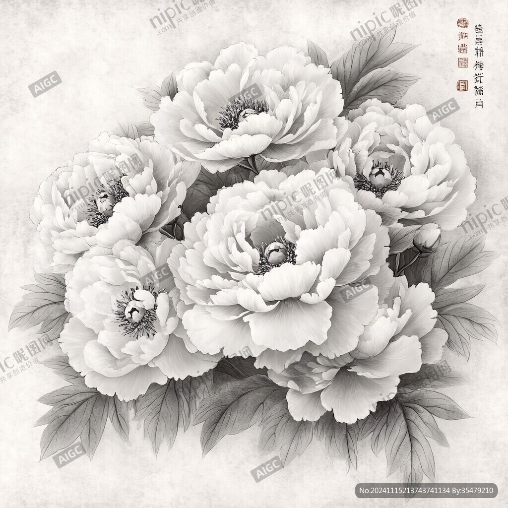 手绘牡丹花工笔画