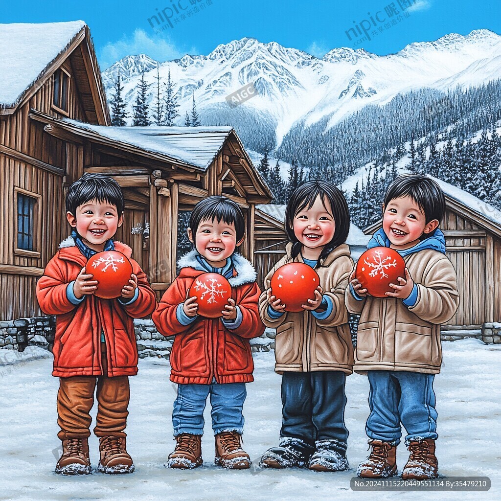 小孩堆雪人春节年画