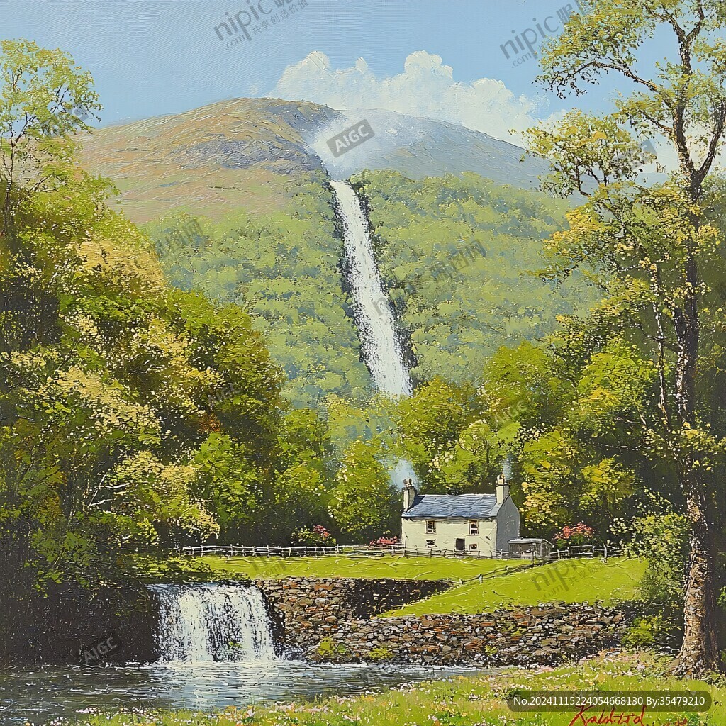 山水风景油画瀑布