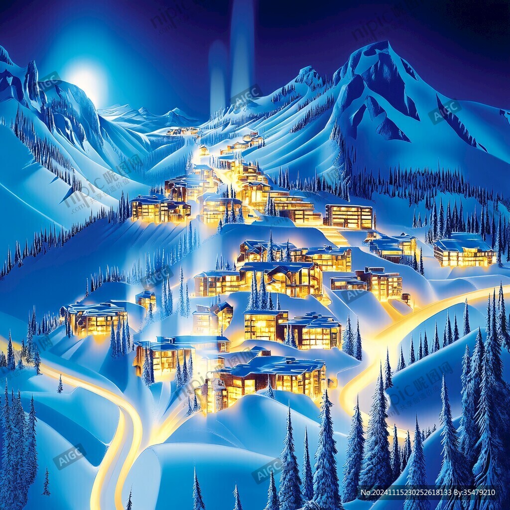 冬季雪村夜晚