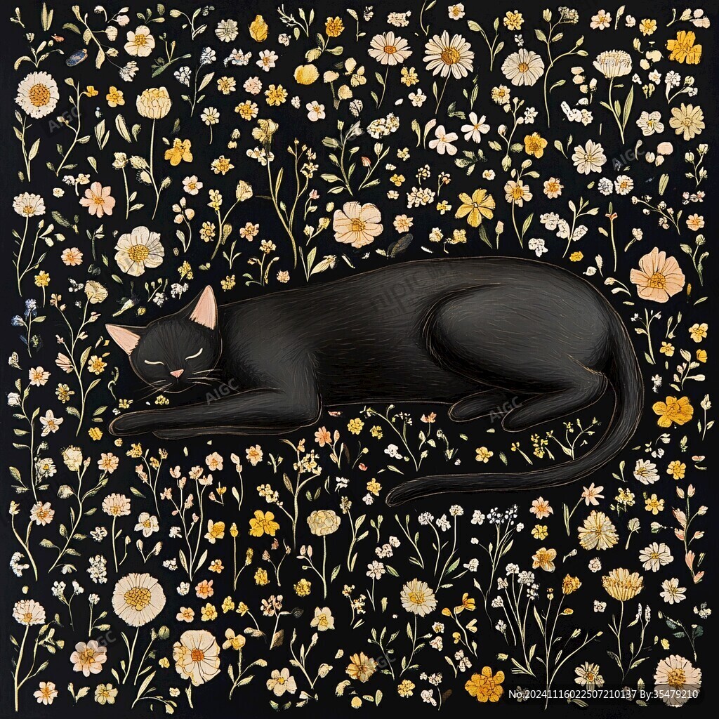 花丛边的猫咪插画
