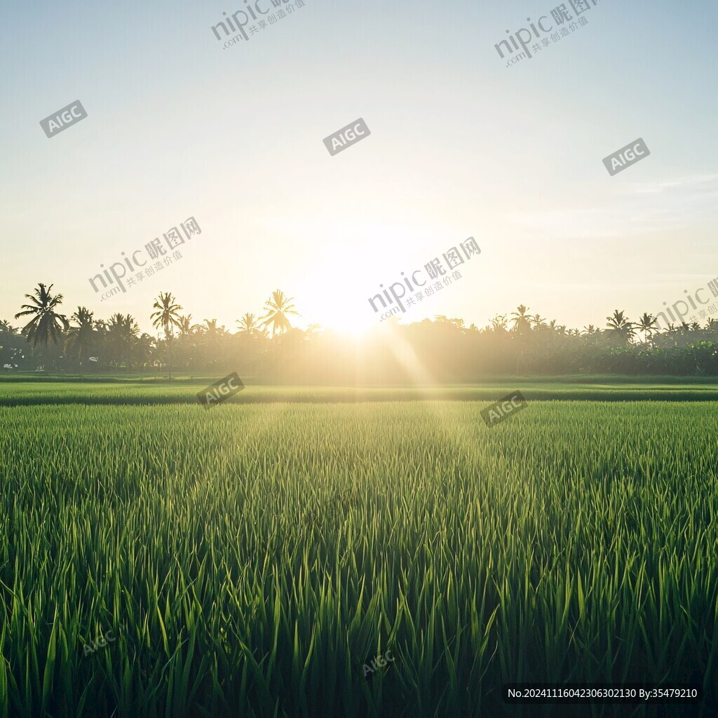 清晨日出美丽乡村稻田