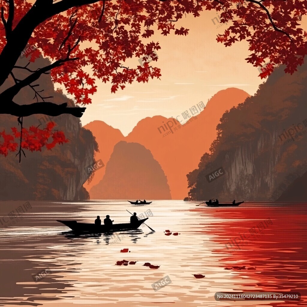 溪流小船白鹤落日山峦