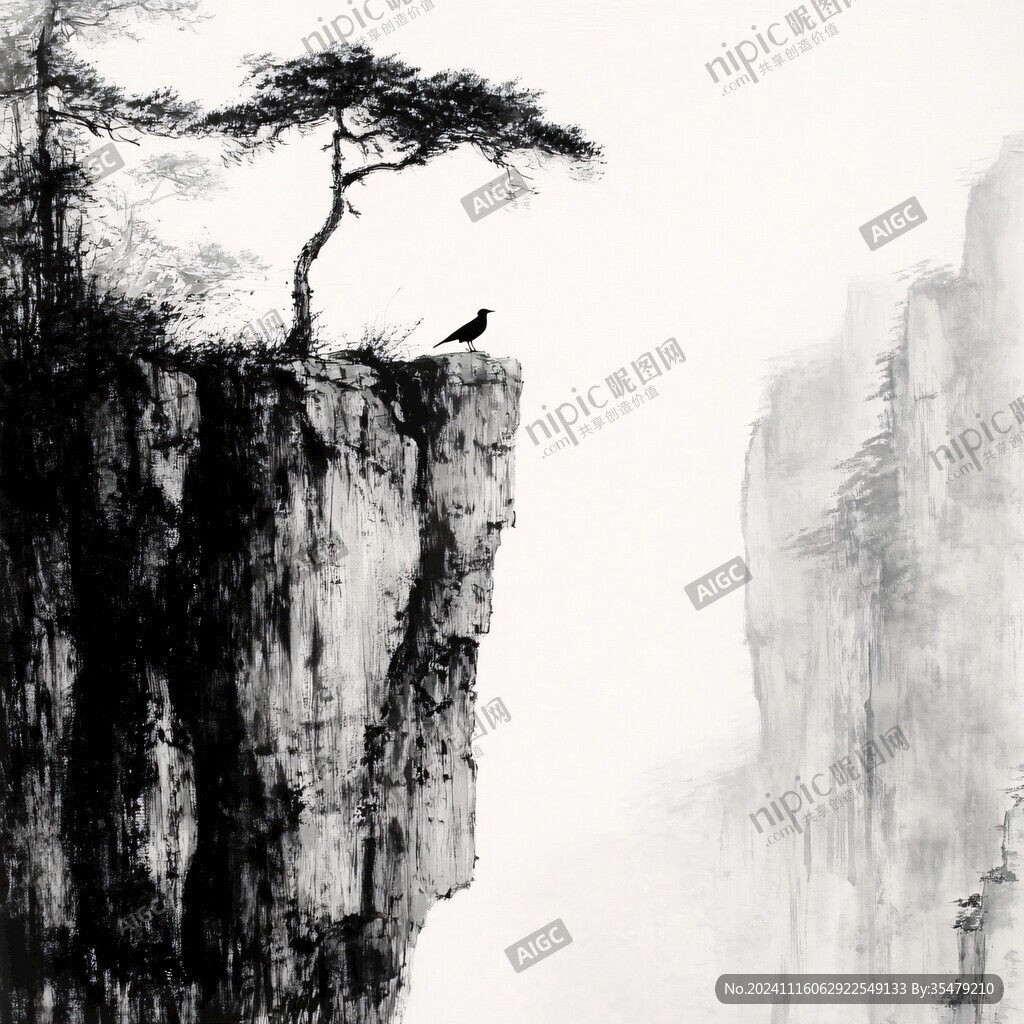 迎客松禅意水墨画