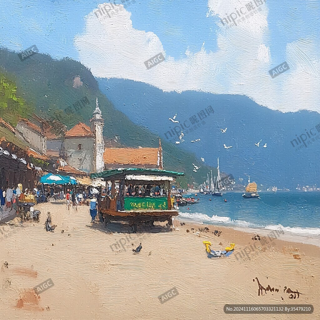 海滨小镇油画