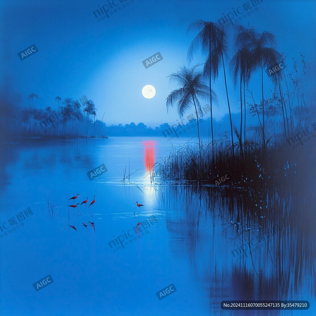 月夜芦苇荡禅意装饰画