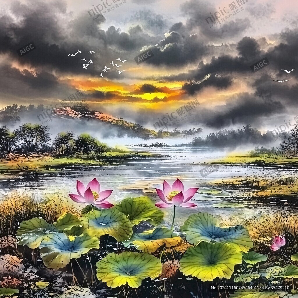 宁静荷花油画