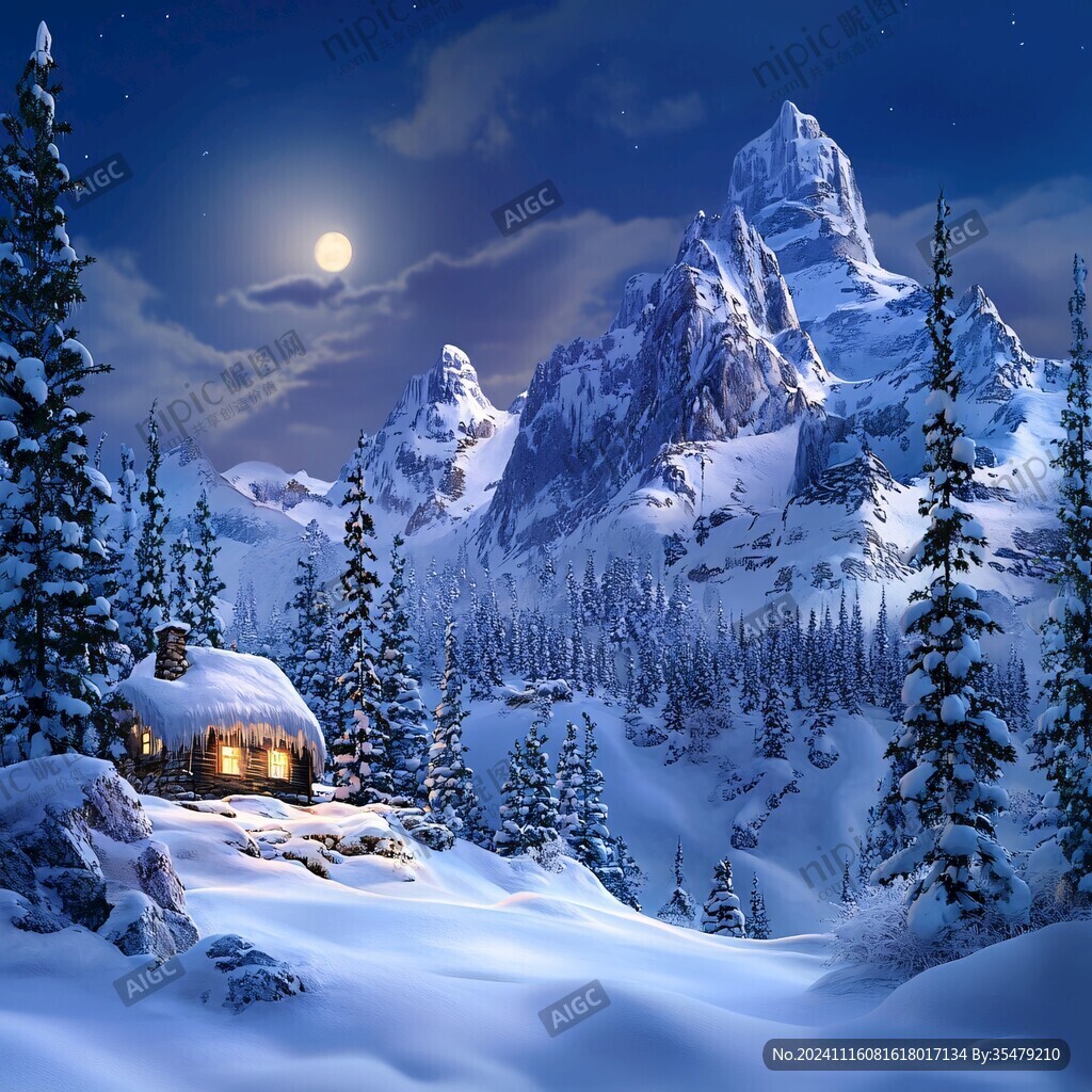 手绘雪夜风景无框画