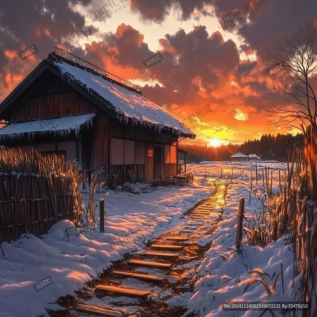 雪景篱笆院日出