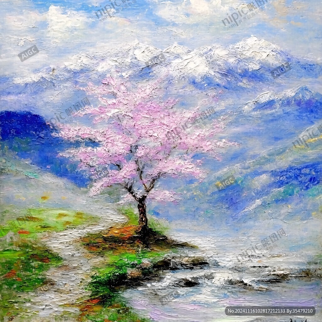 桃花风景油画