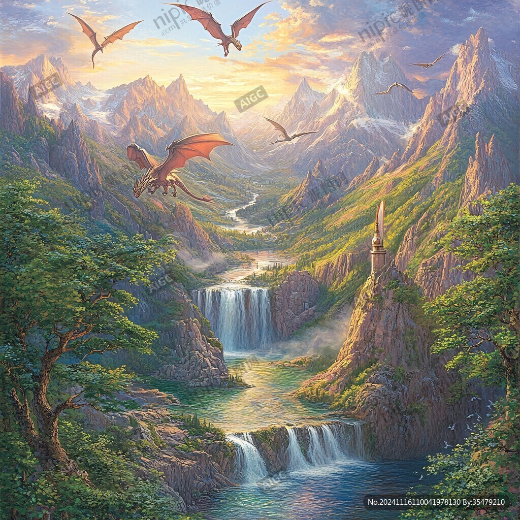 山水风景油画瀑布