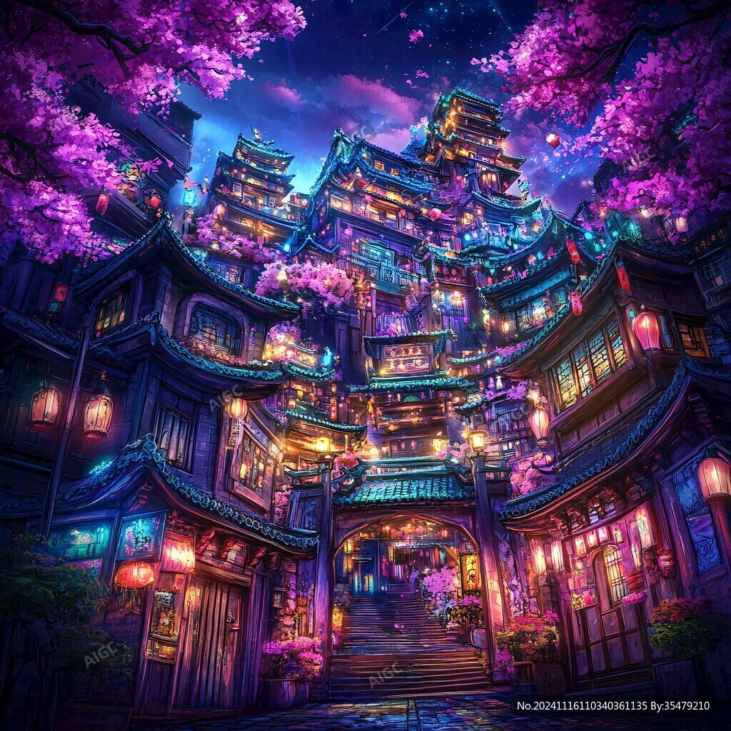 玄幻古镇夜景