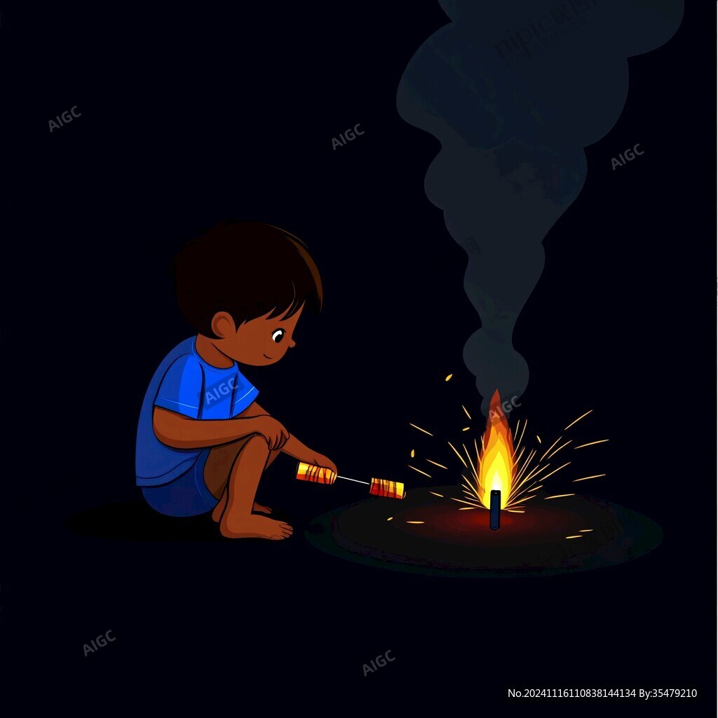 小孩点爆竹插画